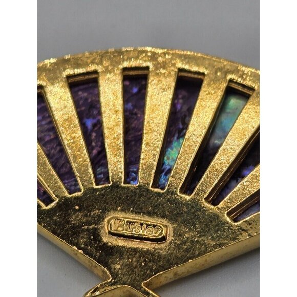 Butler Signed Rare Purple Abalone Shell Fan Brooch and Clip Earring Set Vintage - Picture 4 of 7